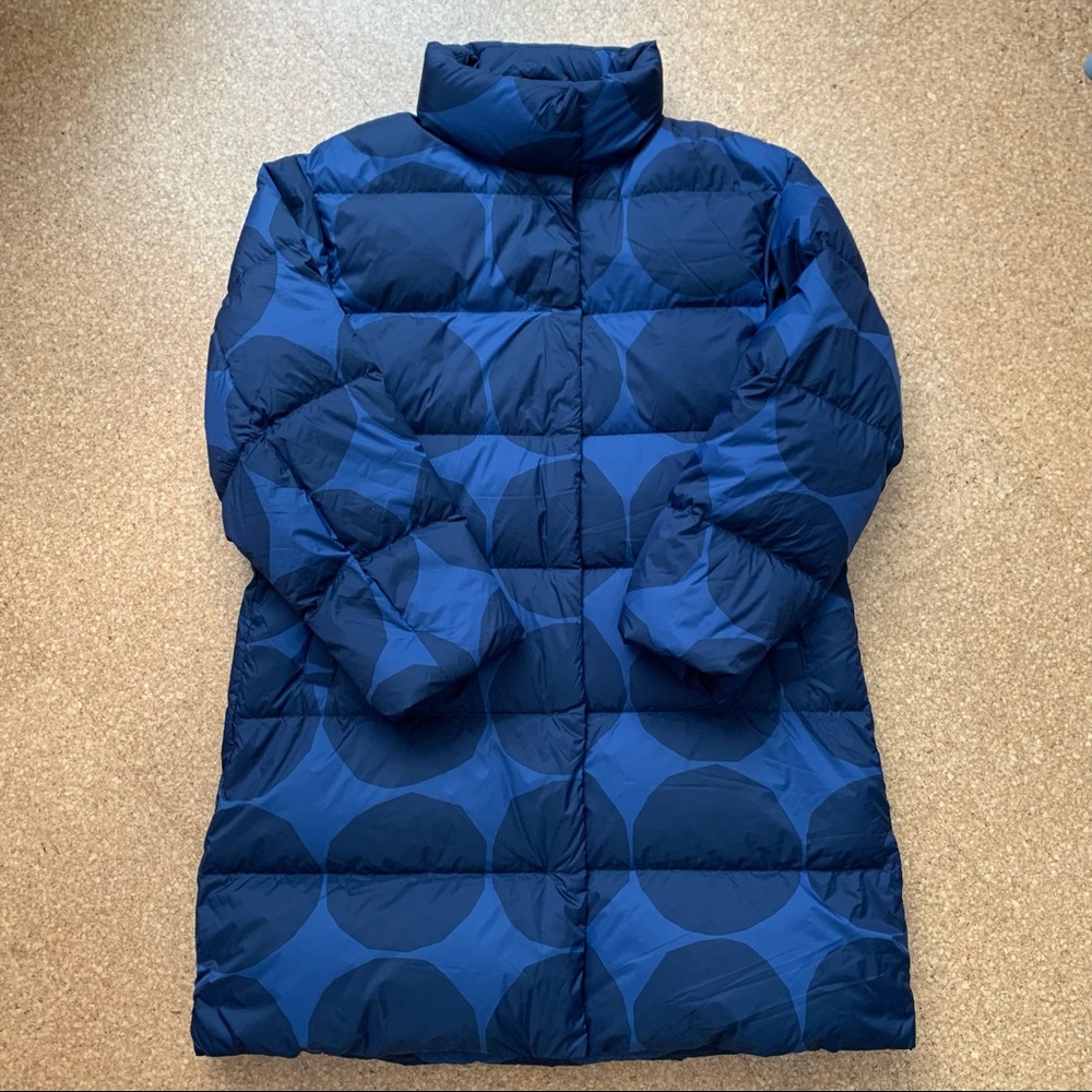 Marimekko x Uniqlo Ultra Light Down Coat, blue polka dot, size M